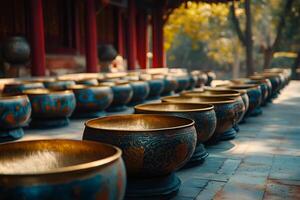 Offering bowls resting in temple courtyard embracing tranquility photo
