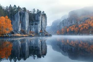 Autumn colors reflecting in the calm lake surrounded by misty cliffs photo