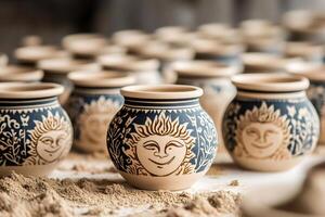 Clay pots with sun design drying in pottery workshop photo