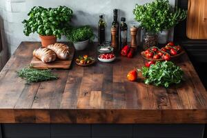 Fresh vegetables, herbs, loaves of bread, and spices sitting on rustic kitchen countertop photo