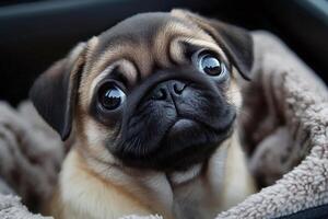 Cute pug puppy relaxing in cozy blanket, looking at camera with sweet expression photo