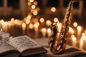 Golden saxophone and music book resting on soft blanket with christmas lights in background photo