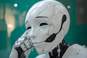 Humanoid robot making a phone call in a modern office setting photo