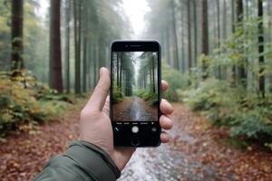 Hiker taking photo of forest path with smartphone on autumn day