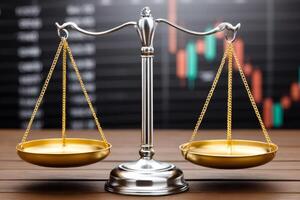 Scales of justice balancing on wooden table with stock market data in background photo