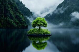 Lonely tree growing on small island in a lake surrounded by misty mountains photo