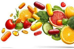 Vitamins and supplements flying with fruits and vegetables on white background photo