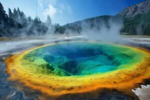 Grand prismatic spring emitting steam in yellowstone national park photo