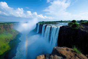 Scenic view of victoria falls, creating mist and a rainbow on a sunny day photo