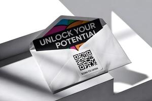 Envelope containing card with unlock your potential text and qr code photo