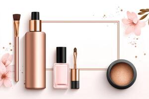 Cosmetic products and brushes with pink flowers on white background with copy space photo