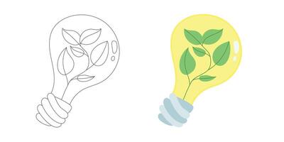 Creative lightbulb design with glowing green leaves inside, symbolizing clean electricity, renewable power, and botanical energy innovation vector