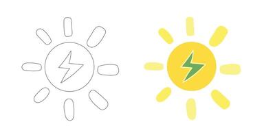 Solar energy icon with yellow sun and green lightning, representing clean power, environmental light sources, and bright climate action vector