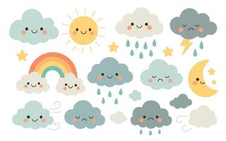 Cute weather elements with smiling sun, clouds, thunder, and raindrops in pastel colors, ideal for climate, mood, or seasonal content vector