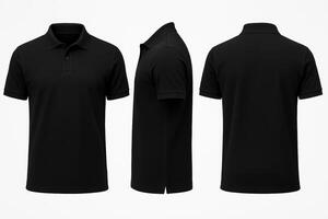 Black Polo Shirt Displayed in Front Back and Side Views on a White Background for Product Mockup Design photo