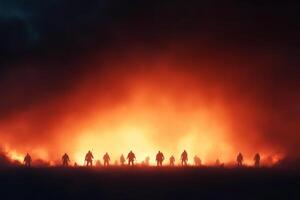 A group of people standing in front of a fire photo
