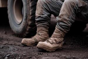 A man in boots sitting on the ground next to a truck photo