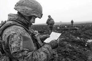A soldier is reading a paper in the field photo