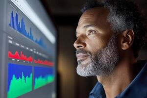 A man looking at a computer screen with graphs photo