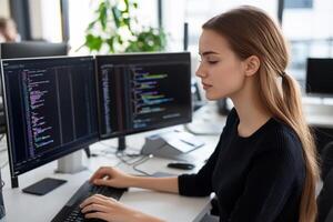 A woman is working on a computer with two monitors photo