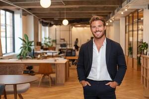 A man standing in an office with a desk and chairs photo