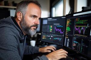 A man with a beard and beard sitting at a desk with multiple computer screens photo