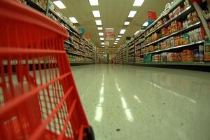 A red shopping cart is in the middle of a grocery store photo