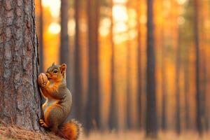 A squirrel is standing on a tree trunk with its hand on its mouth photo