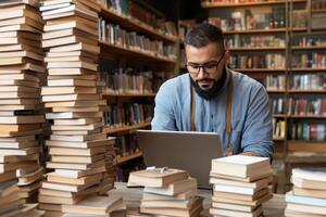 A man with glasses and beard sitting in front of a stack of books photo