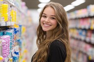 A smiling young woman standing in front of shelves of toothpaste photo