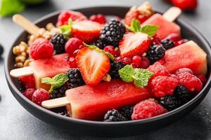 Watermelon and berries on sticks in a bowl photo