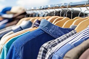 Many shirts are hanging on a rack photo