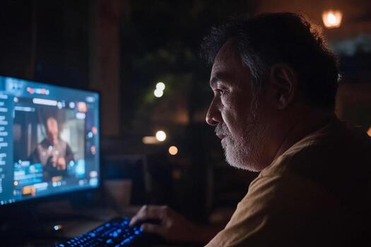 A man is sitting at a computer screen with a computer screen in the background photo