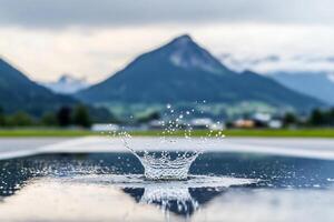 A water drop splashing into the air in front of a mountain photo