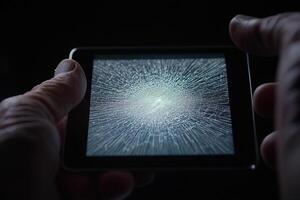 A person holding up a small screen with a broken screen photo