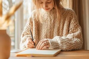 A woman in a sweater is writing in a notebook photo