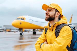 A man in a yellow rain jacket and hat stands in front of an airplane photo