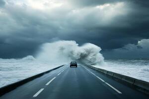 A car driving on a road with a large wave crashing into it photo