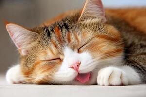 A cat is yawning while laying on the floor photo