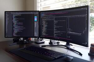 Two computer monitors on a desk with a keyboard and mouse photo