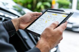 A man is using a tablet to check the car's app photo