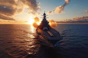 An aircraft carrier in the ocean with smoke coming out of it photo