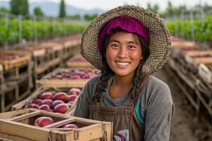A woman in a hat and overalls is smiling while holding boxes of apples photo