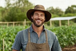 A smiling man in a hat and apron in a field photo