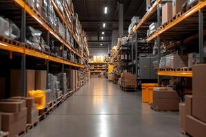 A warehouse with many boxes and shelves photo