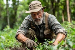 An older man in a hat and overalls is digging in the dirt photo