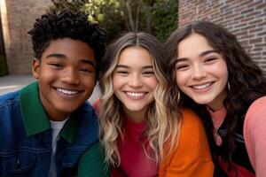 Three young people smiling for the camera photo
