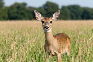 A deer is standing in a field with grass photo