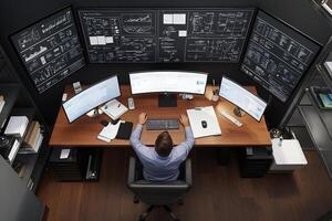 A man sitting at a desk with three computer monitors photo