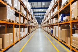 A warehouse aisle with boxes and shelves photo